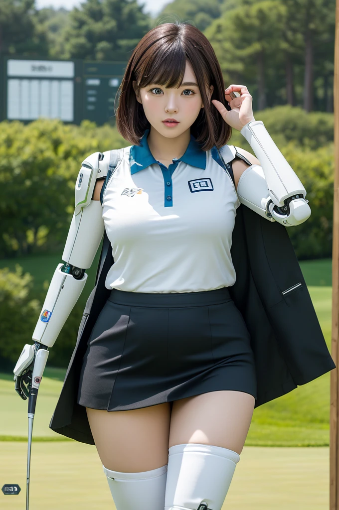 masterpiece, best quality, extremely detailed, Japanese android girl,Plump ,control panels,robot arms,robot,android,cyborg,white robot body,ceramic body,perfect robotgirl,blunt bangs,golfer,golf wear,skirt,blue eyes