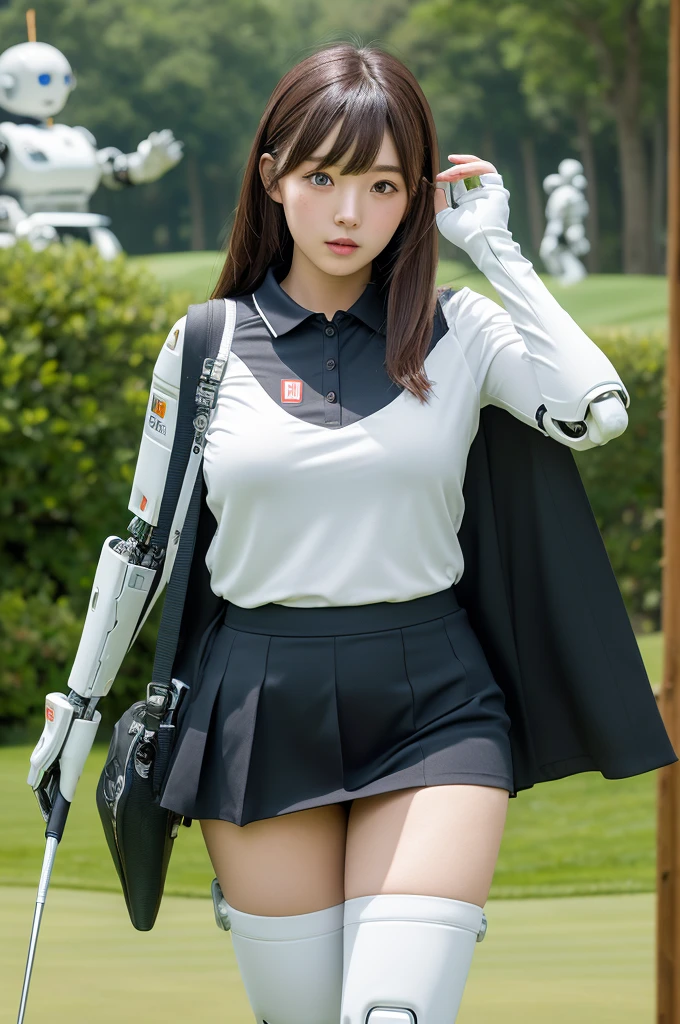 masterpiece, best quality, extremely detailed, Japanese android girl,Plump ,control panels,robot arms,robot,android,cyborg,white robot body,ceramic body,perfect robotgirl,blunt bangs,golfer,golf wear,skirt,blue eyes