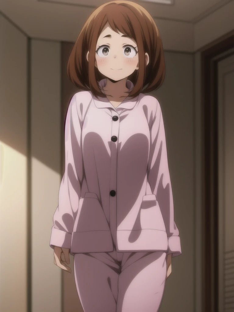 Ochaco Uraraka, wearing pajamas, nice environment, super detailed, high quality