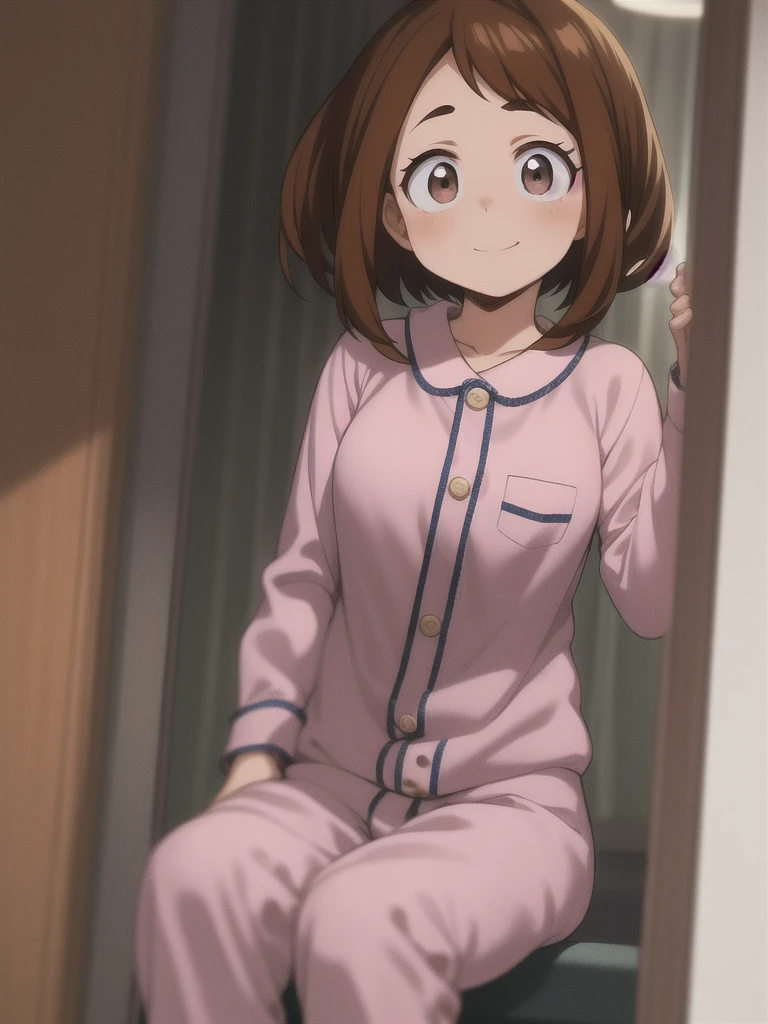 Ochaco Uraraka, wearing pajamas, nice environment, super detailed, high quality