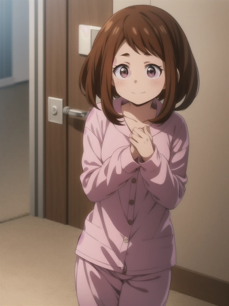 Ochaco Uraraka, wearing pajamas, nice environment, super detailed, high quality