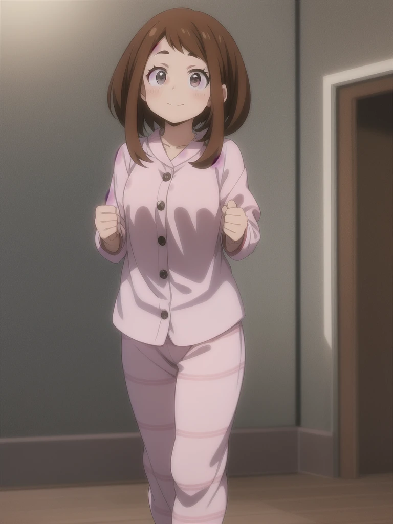 Ochaco Uraraka, wearing pajamas, nice environment, super detailed, high quality