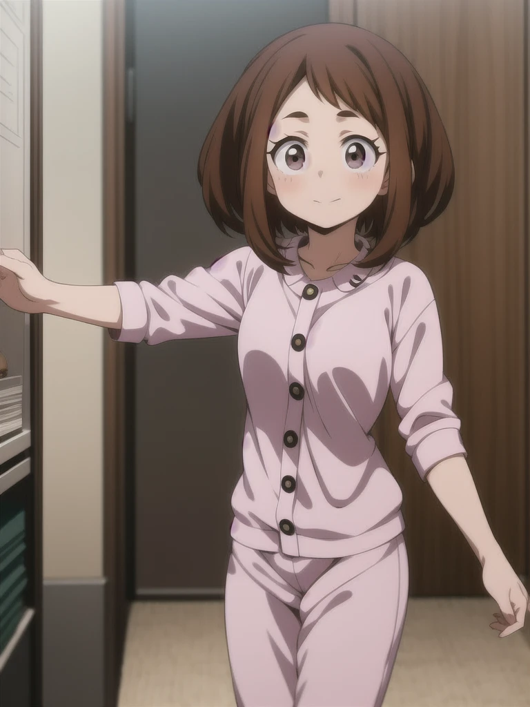 Ochaco Uraraka, wearing pajamas, nice environment, super detailed, high quality