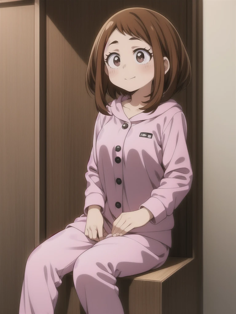 Ochaco Uraraka, wearing pajamas, nice environment, super detailed, high quality