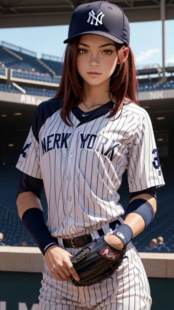 Pitite 18 year old girl, skinny, dark red hair, baseball player for the Yankees