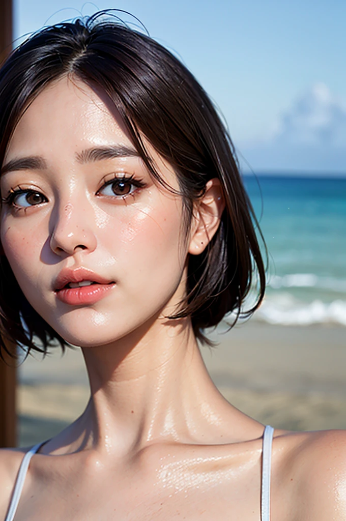 ((Highest quality)),((8K、32k)),(Genuine),Realistic photos、jp idol,(detailed)、(Beach)、((Bust up shot))、((face closeup))、(White skin)、(Big Breasts)、Micro Bikini、Shiny Hair、Short Hair、Glowing Skin、Japanese、beauty、Looking into the camera、Thick lips、cute、Hehehe:1.2、Shot with a film camera、RAW shooting、#24、Genuine、Photo Genuine:1.4、Photon Mapping、Physically Based Rendering、Perfect Anatomy、Detailed decollete、Detailed Eyes、Detailed double、Detailed masseter muscle、Detailed clavicle、Perfect Fingers、Finger Description、(Quality 8K)、((White skin))、Avoid mascara、Hair with movement、Detailed pores、Natural light、Detailed description、Blushing、Fine pores、Perfect cleavage、masterpiece、Blushing、Hair with movement、Detailed abdominal muscles、Sparkling、sexly、Detailed armpit、(slender)、(Upper Body)、Detailed Eyes元、