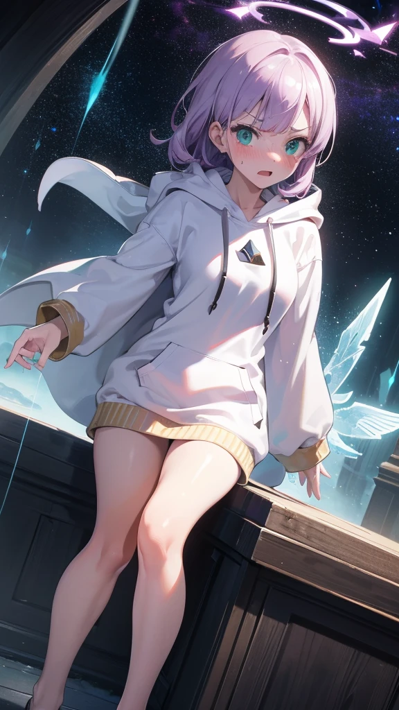 Best quality, Ultra detailed, best quality, insanely detailed, beautiful, masterpiece, 8k, 
break  
Lens Flare,night sky, Streaks of Light,refraction Glowing white lines ,Crossing Light,Shining Background, light particles
break 
angelic kingdom,
break 
1lady, purple hair, medium hair, white mage, (white hoodie:1.2), white witch robe, long witch robe, green eyes, squinched eyes, cold eyes, ultra detailed eyes, pendant ,full body, portlait, (stare at viewer with stern eyes:1.5),(bitting own lip:1.1),(angry:1.2),nose blush,(shamefull:1.2), surprised,  half-closed eyes, jitome,(embarrassed,blush:1.3), ,nsfw,(ecstasy:1.3) ,(slut:1.2),(vulgarity:1.3),(fucked silly:1.1),(steam:1.1),(wet:0.8),(trembling:0.8),(tears:0.7) ,(drooling:0.6),(sweat:0.8), open mouth,(feeling weak:1.5)