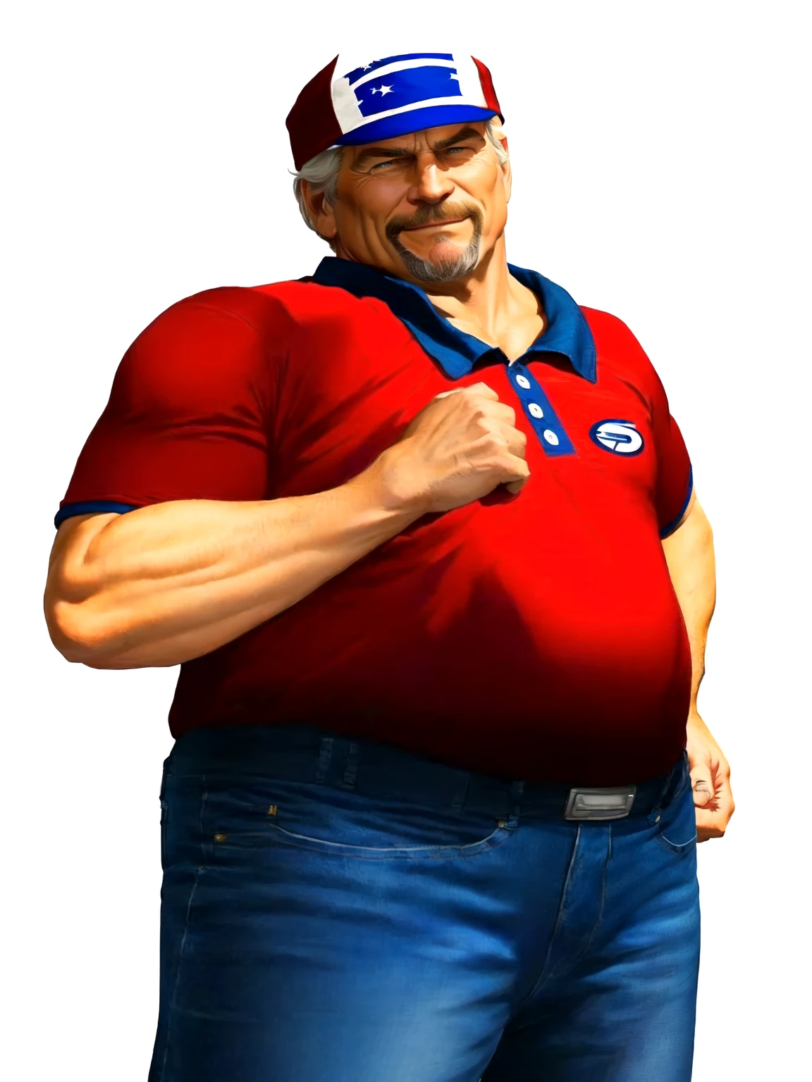 a close up of a man wearing a red shirt and blue jeans, as a character in tekken, beefy, portrait of hide the pain harold, Jeff Bridges with a goatee, Out Run 2 flagman, 2 k, 2k, muscular bernie sanders, buff man, character from king of fighters, robust stocky body, hide the pain harold, name of character is flagman, wise face, his cap has a SEGA logo on it, satisfied face, expression as in "not bad at all"
