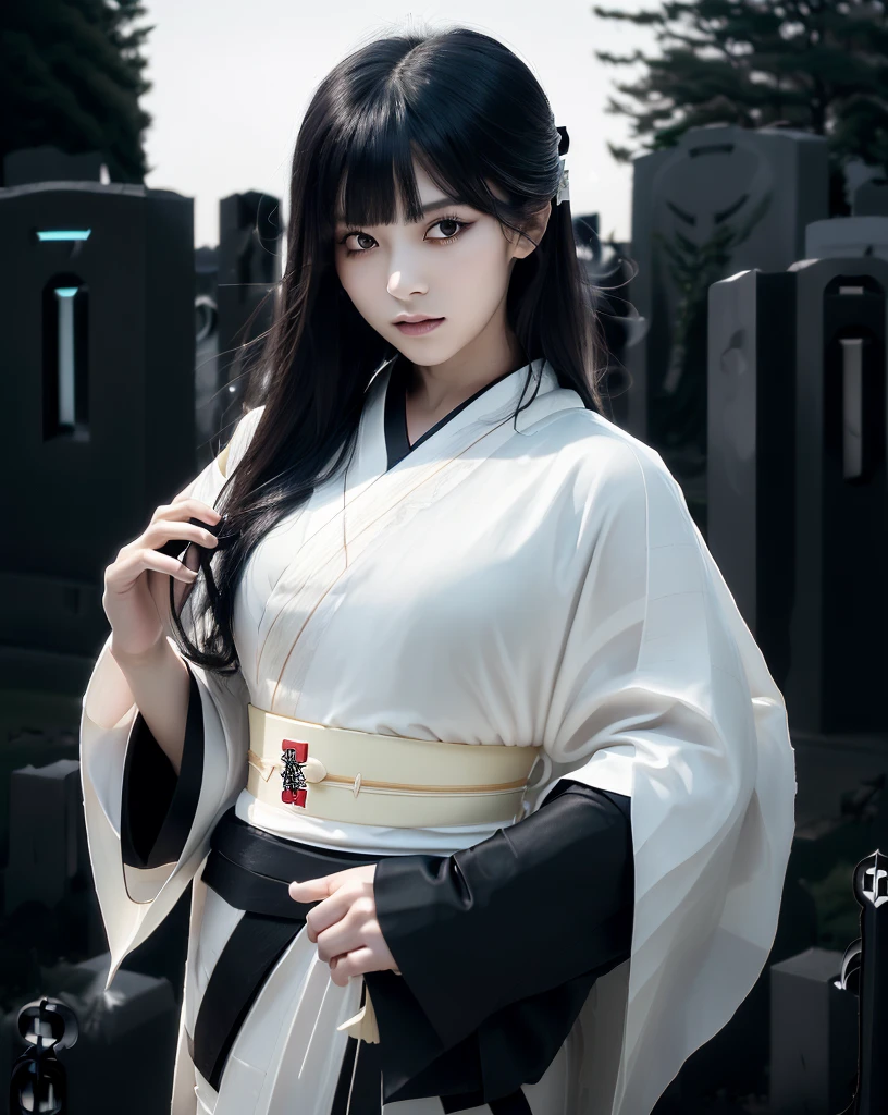 (Highest quality, 32k, High resolution, Masterpiece:1.5), marimo_jet, Ghosts wandering the cemetery at night, Dark atmosphere, Evoking a sense of calm and elusive beauty, Expressing emotions, Have a rich imagination, Beautiful Japanese Girls, An exceptionally beautiful face, Small Face Beauty, , Perfect Human Anatomy, Magical big eyes, Motherhood and generosity, Deep Love, Fleeting Expression, Shiny black hair, Neat, super long, straight silk hair, Asymmetrical bangs, Hair between the eyes, Transparent, soft white skin, Sharp eyebrows, Thin lashes, Natural Makeup, ((Simple white kimono:1.6)), ((Japanese Cemetery:1.5)), ((Simple gravestone)), ((Midnight Darkness:1.7)), ((Pitch black night sky:1.5)), Professional photographer, Professional Lighting, Professional models