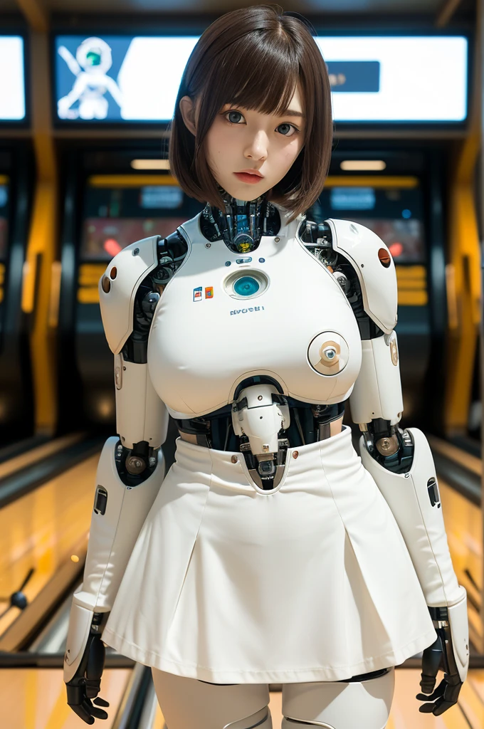 masterpiece, best quality, extremely detailed, Japanese android girl,Plump ,control panels,robot arms,robot,android,cyborg,white robot body,ceramic body,perfect robotgirl,blunt bangs,bowling,bowler,skirt,blue eyes