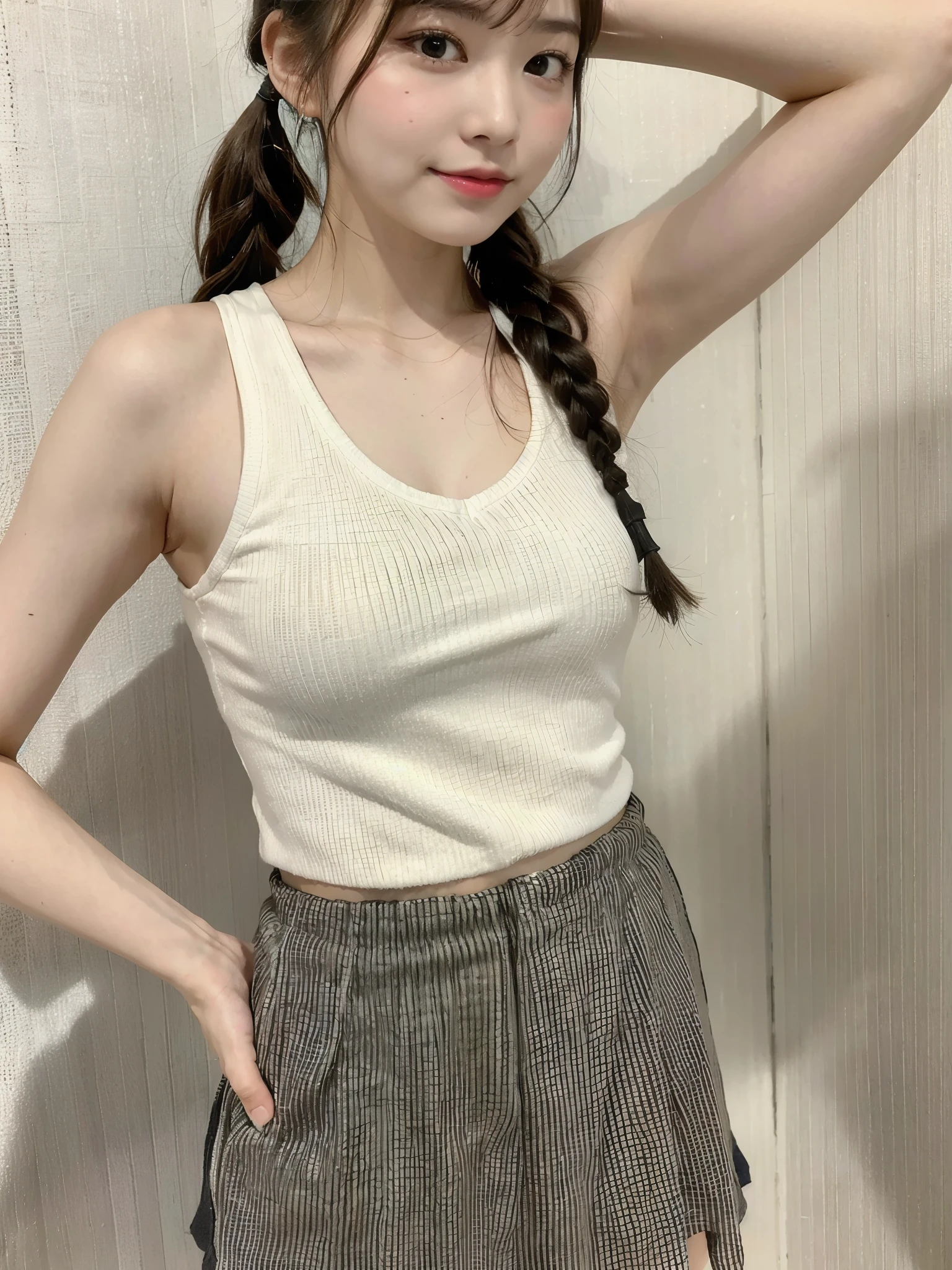 Top quality, 1 beautiful woman, ((Twintails)), wearing tank top, mini skirt, ((fair-skin)), standing, Full body shot, 30mm lens, f/1, White background