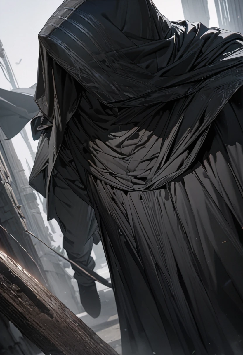 masterpiece, 8k, best quality, highly detailed, a male assassin wearing ghostly black attire that is black & grey with a cloak that is partially invisible