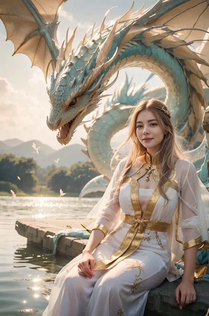 Dragons in Chinese mythology,(Portrait of an angel and a dragon god:1.3,)(Sheer and revealing white fluffy outfit:1.3, ),(Angel with glass wings floating above lake:1.3), (A glass dragon protects angels from behind:1.3),shiny light brown and white striped hair,,,Cute smile,Perfect round face,A cheerful smile that makes the viewer happy,Proper body proportion,masutepiece,Super high-quality output images,hight resolution,Intricate details,Hair fluttering in a very delicate and beautiful wind,white hair,photos realistic,Dreamy,Professional Lighting,realistic shadow,Beautiful hands,Beautiful fingers,Detailed finger features,detailed clothes features,Detailed hair features,detailed facial features,