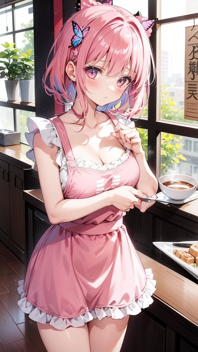 , 1 Girl Solo, Image of Nino Nakano, Pink Hair Glitter, Butterfly Hair Accessories,Create a refined fit,Elegant 1.3. Disclosure of Information, White apron, Show off your charming cleavage, thigh, Coffee shop background,Blushes on cheeks 1.3,
