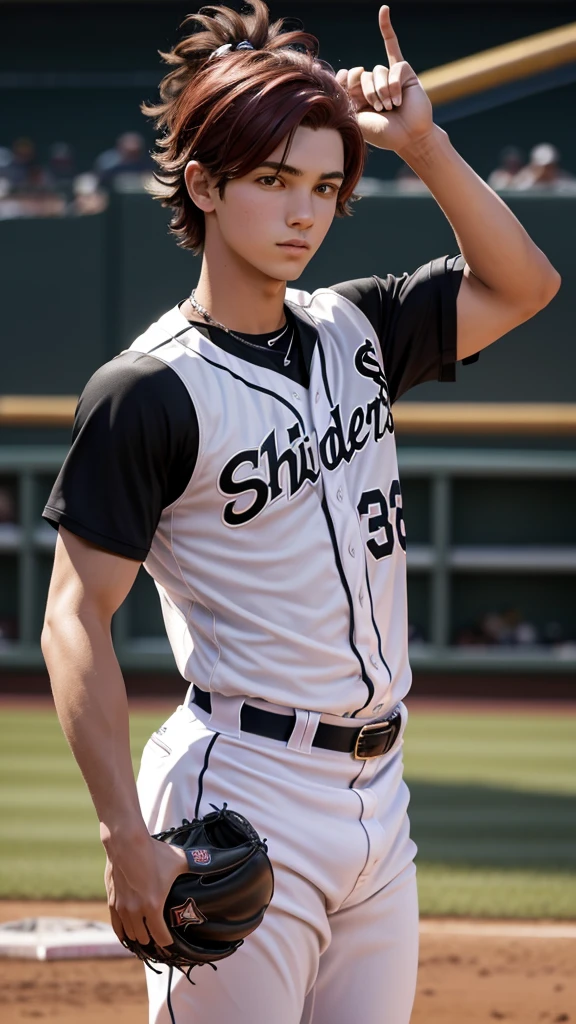 Highest quality,Ultra HD,2d,Cartoon style,A high school baseball player is standing wearing a baseball uniform, Height 179cm, Well-balanced, muscular build. ((He has black hair and wears a helmet)),(The eyes are large but sharp.), Sharp jawline, fitted baseball uniform, Capped, (Standing with a bat),((Stadium background 1.5))