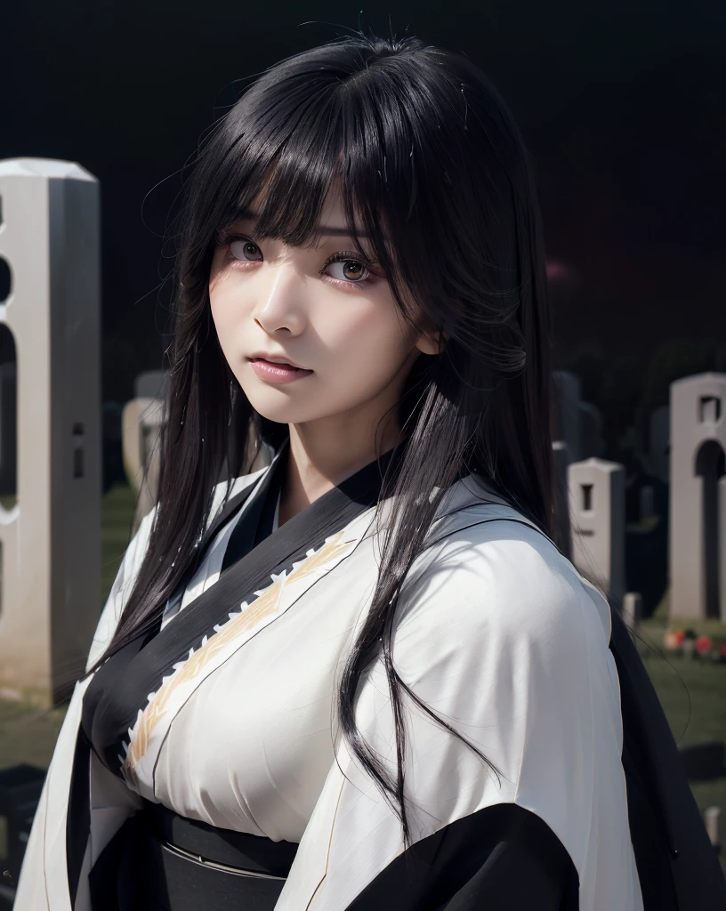 (Highest quality, 32k, High resolution, Masterpiece:1.5), marimo_jet, Ghosts wandering the cemetery at night, Dark atmosphere, Evoking a sense of calm and elusive beauty, Expressing emotions, Have a rich imagination, Beautiful Japanese Girls, An exceptionally beautiful face, Small Face Beauty, , Perfect Human Anatomy, Magical big eyes, Motherhood and generosity, Deep Love, Fleeting Expression, Super Long Straight Silk Hair, Asymmetrical bangs, Hair between the eyes, Transparent, soft white skin, Sharp eyebrows, Thin lashes, Natural Makeup, ((Simple white kimono:1.6)), ((Japanese Cemetery:1.5)), ((Simple gravestone)), ((Midnight Darkness:1.7)), ((Pitch black night sky:1.5)), Professional photographer, Professional Lighting, Professional models