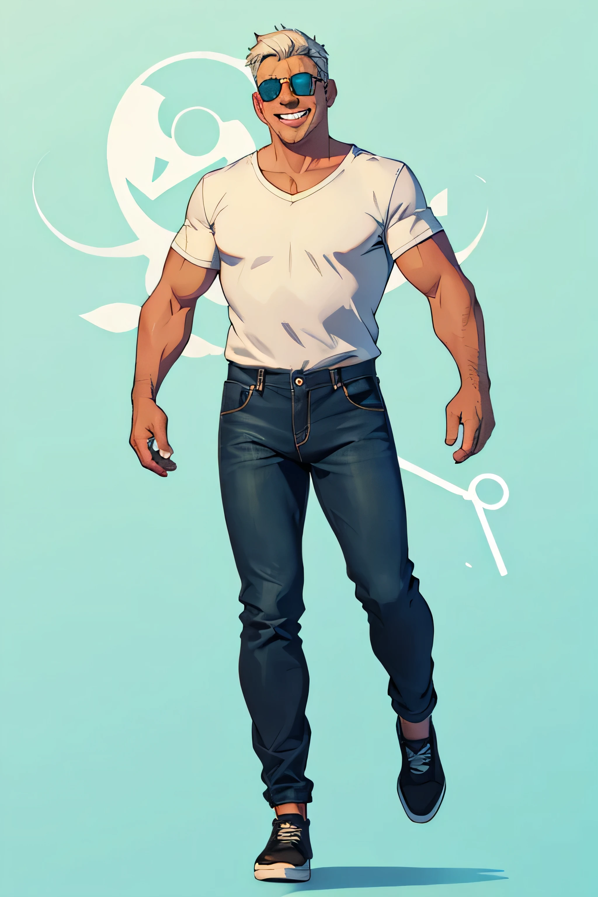 comic, british facial features, middle-aged man, happy, grey, big smile, white teeth, big laugh. One character only, white isolated. body and legs, loose blue jeans and green top. sunglasses.
