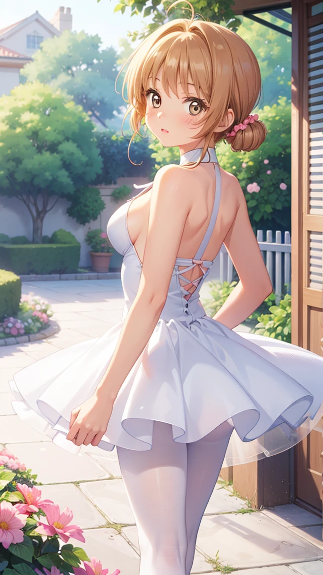 masterpiece, best quality, highres, 1girl, detailed face, blush, anime CG style, (medium breasts), (18 year old girl:1.3), (aged up), good lighting, perfect body, sakura kinomoto, glossy lips, looking back at viewer, garden, tutu, white pantyhose