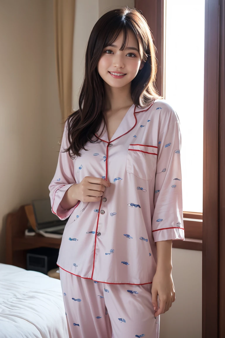 (Ultra-detailed、RAW Photos、Best image quality、Realistic)、morning、Waking up with a smile by the window、pajamas、A bright and fun atmosphere is important、A little sleepy、No makeup