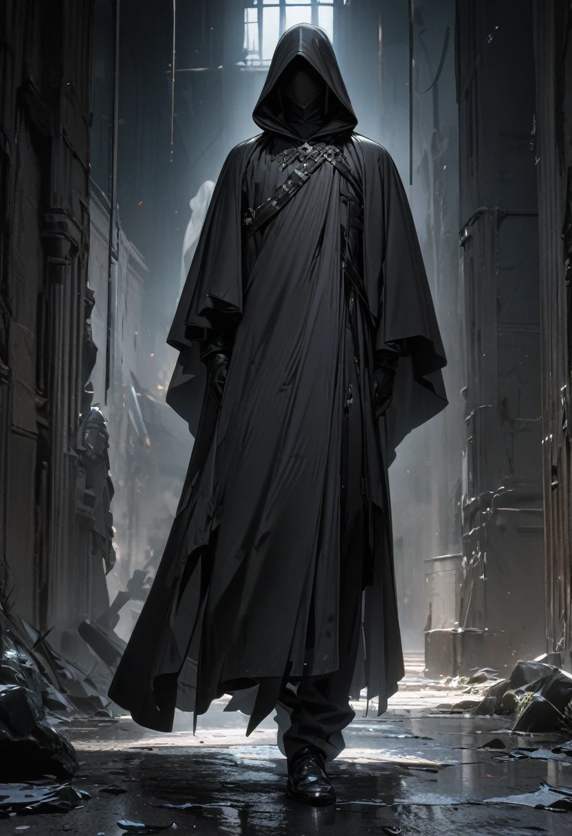 masterpiece, 8k, best quality, highly detailed, a male assassin wearing ghostly black attire that is black & grey with a cloak that is partially invisible