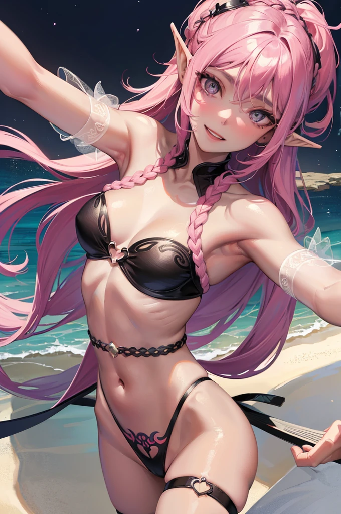 (pov Swimwear style) (beautiful body), (black skin, solo:2, 1000 yo, Braid pink hair long hair cool elf woman, cool gray eyes, ecstasy smile, love mode, small tits), (in a sexy:1.5 detailed bandeau swimsuit, Ruby double exposure:1.1), break, in the Swimsuit contest venue, background detailed beautiful Coast, BREAK, perfect anatomy, masterpiece, best quality, 16k, beautiful detailed love, sexy, daydreaming expression.