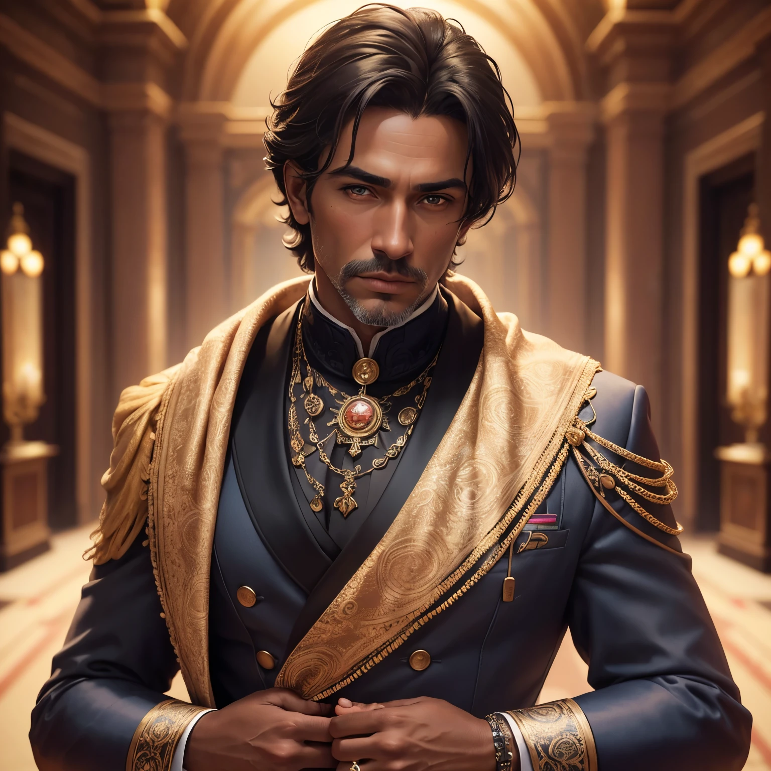 ((best quality)), ((masterpiece)), (detailed), Prize-winning works, with incredible details, maximum textures and details, uhd ,8K,super resolution ,depth of field, retina, masterpiece, anatomically correct, textured skin, super detail, high details, highres ,2 real men advisors, aristocrat, slickedback hair,(he has dark skin) she wears clothes crafted from noble fabrics ((homem de 45 anos :1.1,detailedeyes, face detailed, whole body:1.1,the background is a royal palace )),(best qualityer:1.2,ultra detali:1.1,realisitic:1.37) ,eyeshadows,sharp focus,swirly vibrant colors,)