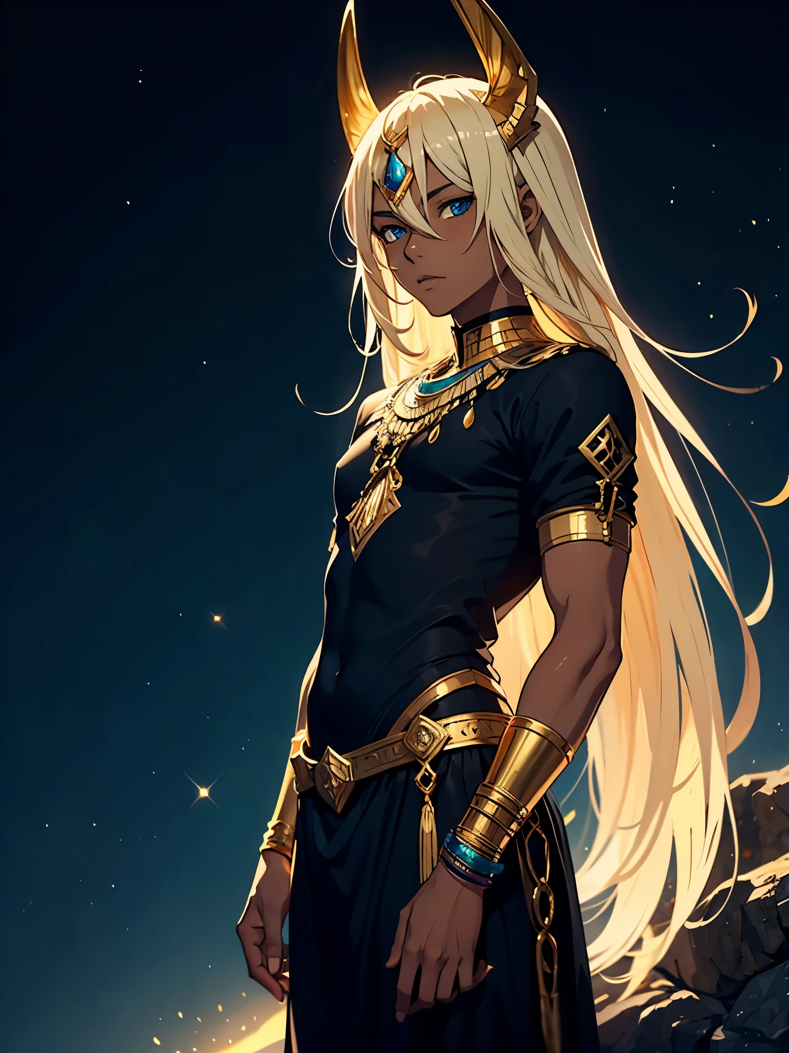 Mehr anime. Teenage boy. Egyptiane Gottheit Anubis. Egyptiane Kleidung. long blond hair. Lots of gold jewelry. dark skin. Egyptian. dazzling blue eyes. mystical. divine.