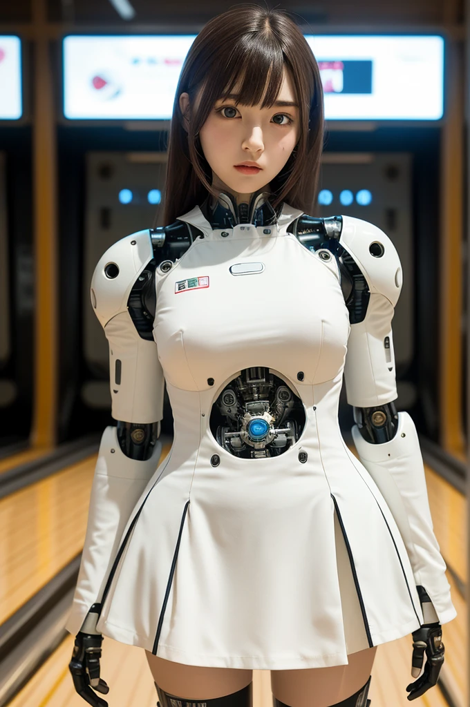 masterpiece, best quality, extremely detailed, Japanese android girl,Plump ,control panels,robot arms,robot,android,cyborg,white robot body,ceramic body,perfect robotgirl,blunt bangs,bowling,bowler,skirt,blue eyes