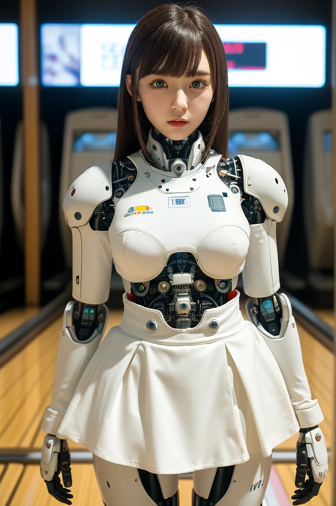 masterpiece, best quality, extremely detailed, Japanese android girl,Plump ,control panels,robot arms,robot,android,cyborg,white robot body,ceramic body,perfect robotgirl,blunt bangs,bowling,bowler,skirt,blue eyes