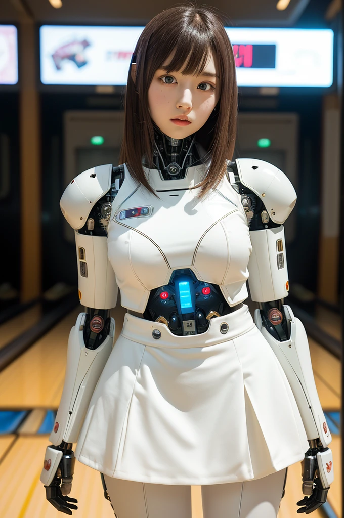 masterpiece, best quality, extremely detailed, Japanese android girl,Plump ,control panels,robot arms,robot,android,cyborg,white robot body,ceramic body,perfect robotgirl,blunt bangs,bowling,bowler,skirt,blue eyes