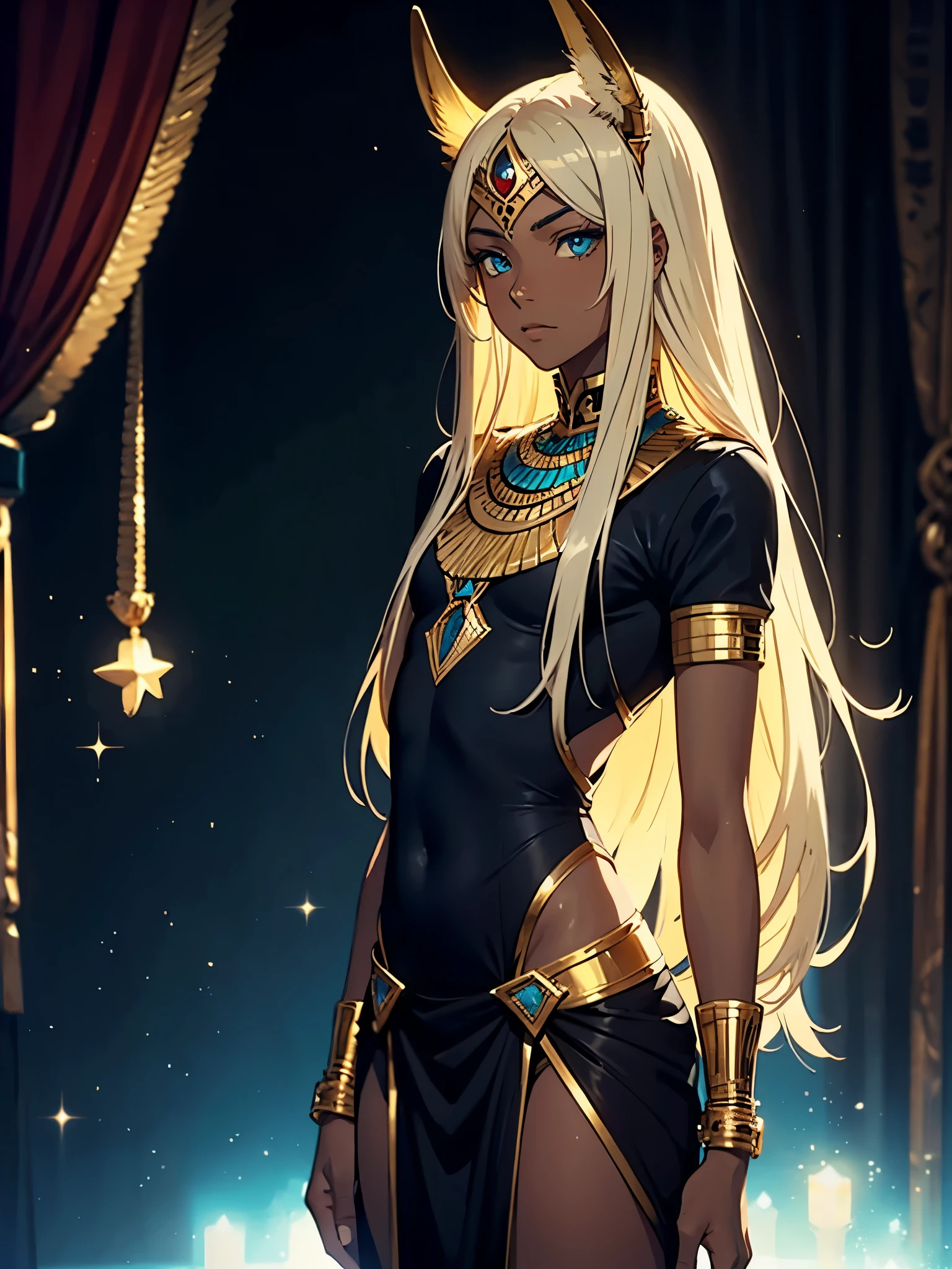 Mehr anime. age boy. Egyptiane Gottheit Anubis. Egyptiane Kleidung. long blond hair. Lots of gold jewelry. dark skin. Egyptian. dazzling blue eyes. mystical. divine.