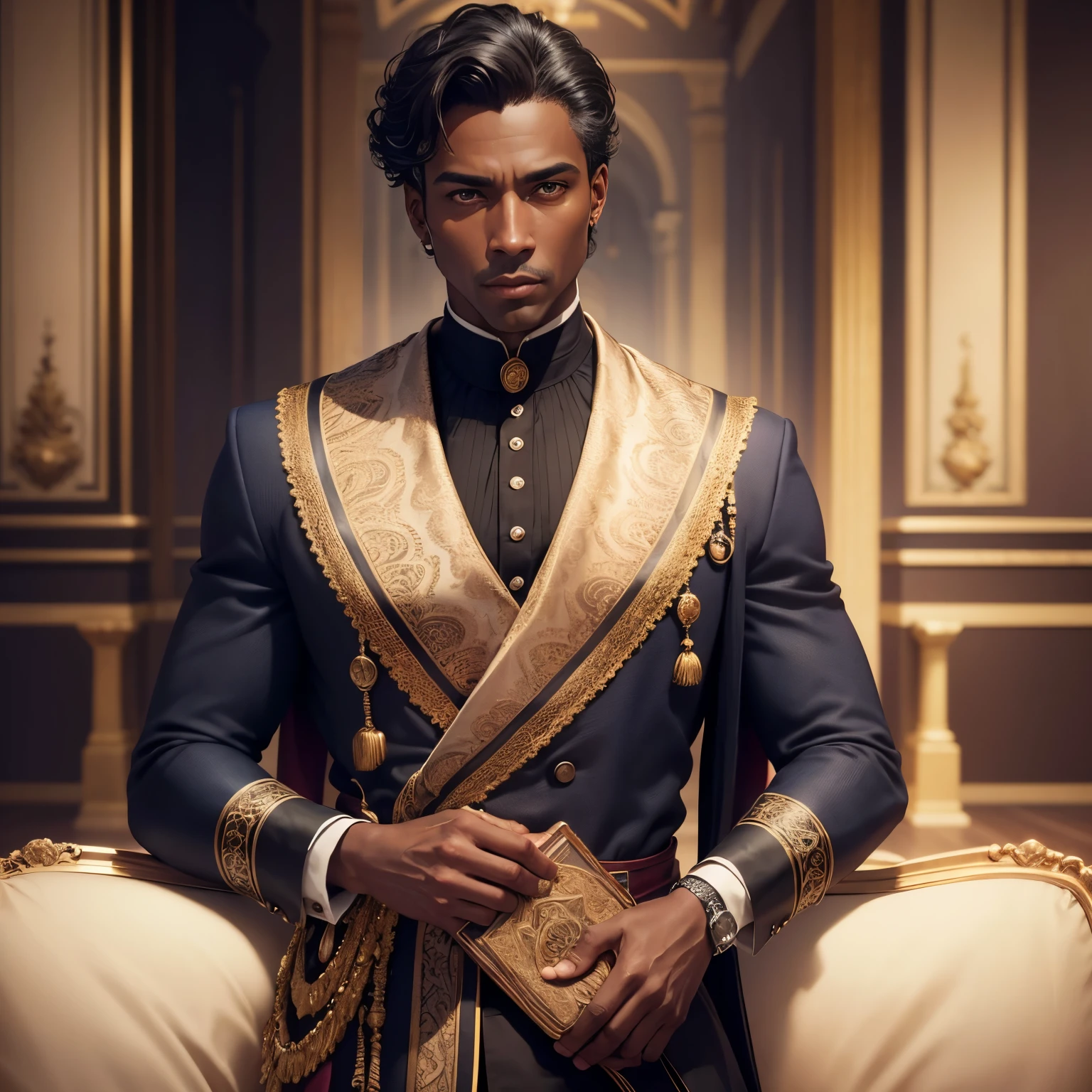 ((best quality)), ((masterpiece)), (detailed), Prize-winning works, with incredible details, maximum textures and details, uhd ,8K,super resolution ,depth of field, retina, masterpiece, anatomically correct, textured skin, super detail, high details, highres ,2 real men advisors, aristocrat, slickedback hair,(he has dark skin) she wears clothes crafted from noble fabrics ((homem de 45 anos :1.1,detailedeyes, face detailed, whole body:1.1,the background is a royal palace )),(best qualityer:1.2,ultra detali:1.1,realisitic:1.37) ,eyeshadows,sharp focus,swirly vibrant colors,)
