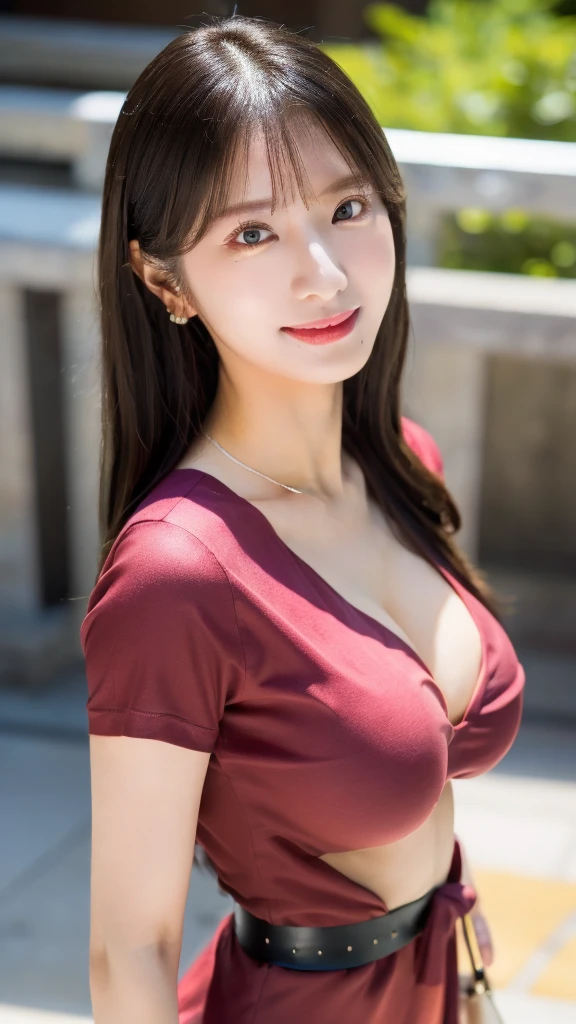 1 girl, ((8k, raw, masterpiece: 1.4)), (Professional photography, sharp:1.2), ((half body photoshoot)), Perfect dynamic composition, (Natural sun light), (soft shadow), (Perfect body:1.4, slim abs:1.2), (huge round breasts:1.6), (((black medium hair))), Ultra-detailed faces and skin, perfect asian, White skin, (Delicate skin:1.4), (latex skin:0.4), (perfect glowing skin:0.6), light brown eyes, beautiful eyes, round eyes, pretty face, blush, glossy lips, high nose bridge, glossy eyes, Perfectly proportioned face, Really moist skin, Refined expression, Smile gently at the camera, looking at camera, Refined expression, Elegant necklace, Elegant earrings, minimalist, ((wear red shirtdress))