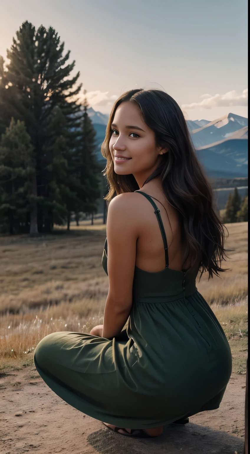 Foto hiperrealista en primer plano de Kelsey Asbille (native American ((light dark skin))), masterpiece, best quality, (photorealistic:1.4), full body,  (dark green on straps church dress:1.2)), on the ranch, grey day, Montana mountains in the background, cinematic light, beautiful woman, skinny, large big breasts, black long hair, detailed face, smile, facing the camera, photo taken from a distance, age of 25 years old, camera filter on pastel gray colors,, grey filter on camera, she is sitting on the ground, sits backwards, you can see her back, she is squatting