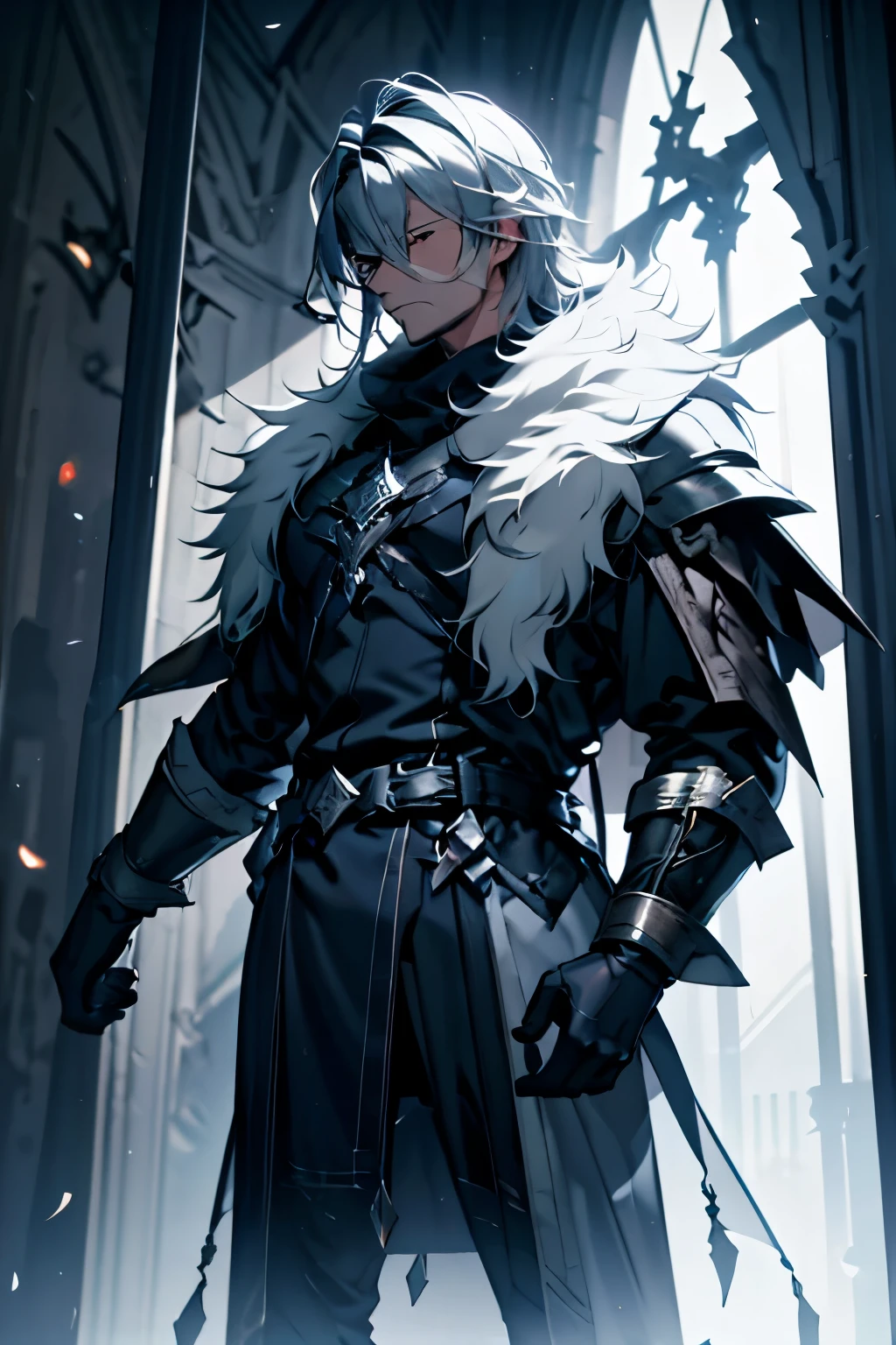 Grand inqusitor, male,dark hair, long coat with silver armor parts, standing, dark blue outfit, dark bread