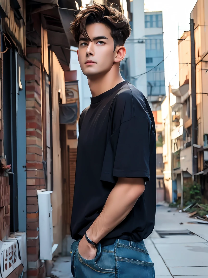 Anime guy, 35 years old, handsome, cyberpunk, neutral expression, with brown hair parted in middle, brown hair on right side of face, short brown hair smoothed towards back on the left side of face, navy eyes, clay dark T-shirt, skinny ripped biker jeans, standing in abandoned city street