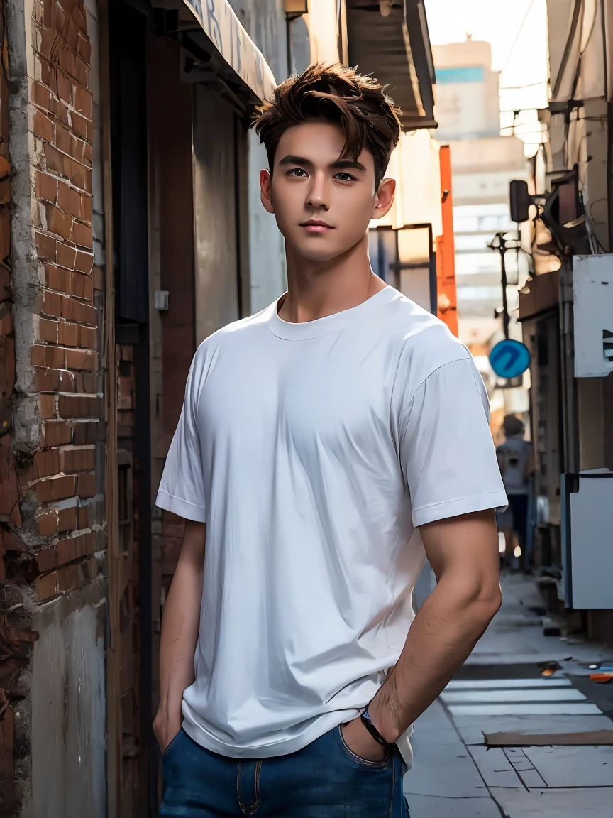 Anime guy, 35 years old, handsome, cyberpunk, neutral expression, with brown hair parted in middle, brown hair on right side of face, short brown hair smoothed towards back on the left side of face, navy eyes, clay dark T-shirt, skinny ripped biker jeans, standing in abandoned city street