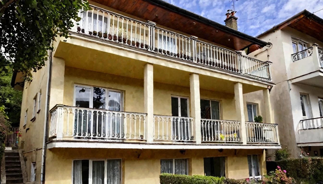 18 year old naked boy in the field two-story gable roof with path to the door with marble balustrade fifteen windows surrounded by trees and naked boys outside it