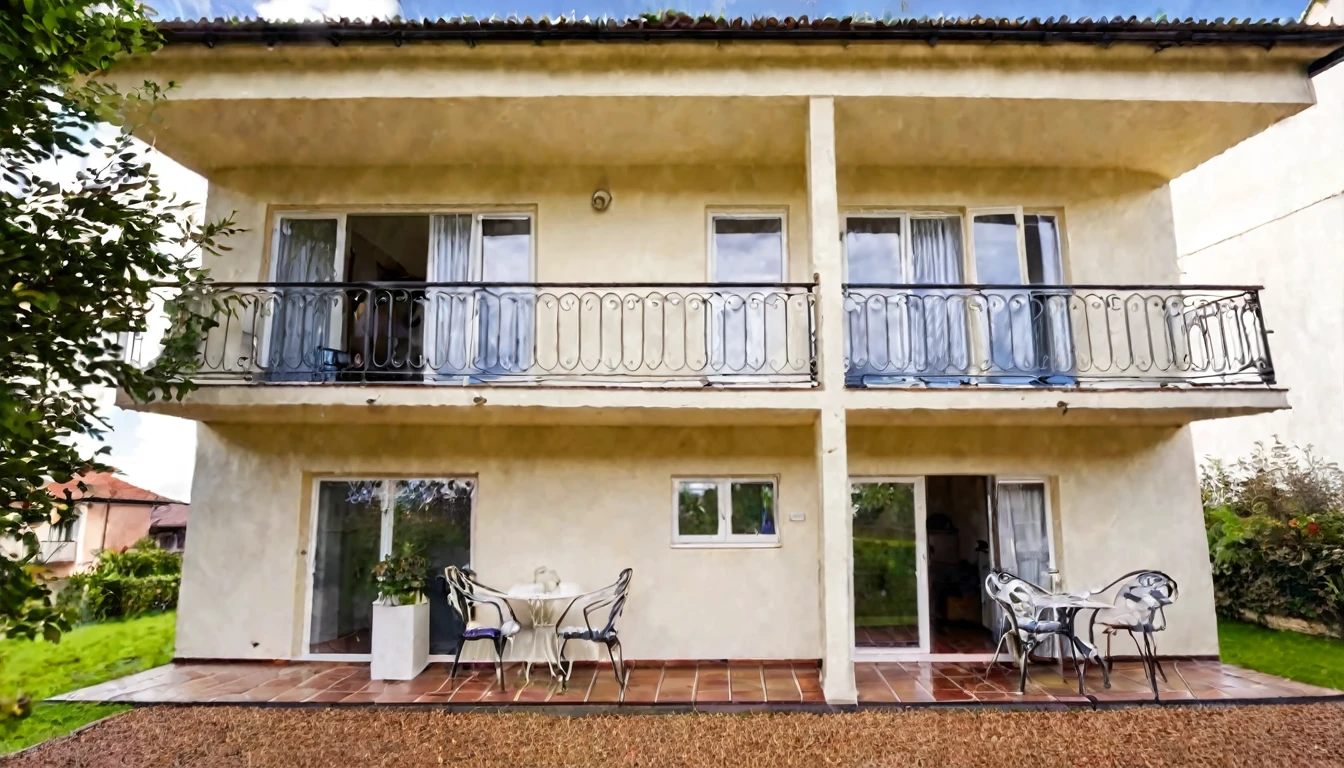 front of the house with balcony, daytime, no people in the place