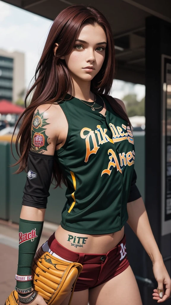 Pitite 18 year old girl, skinny, dark red hair, baseball player for the Oakland A's, tribal full sleeve tattoo on left arm.