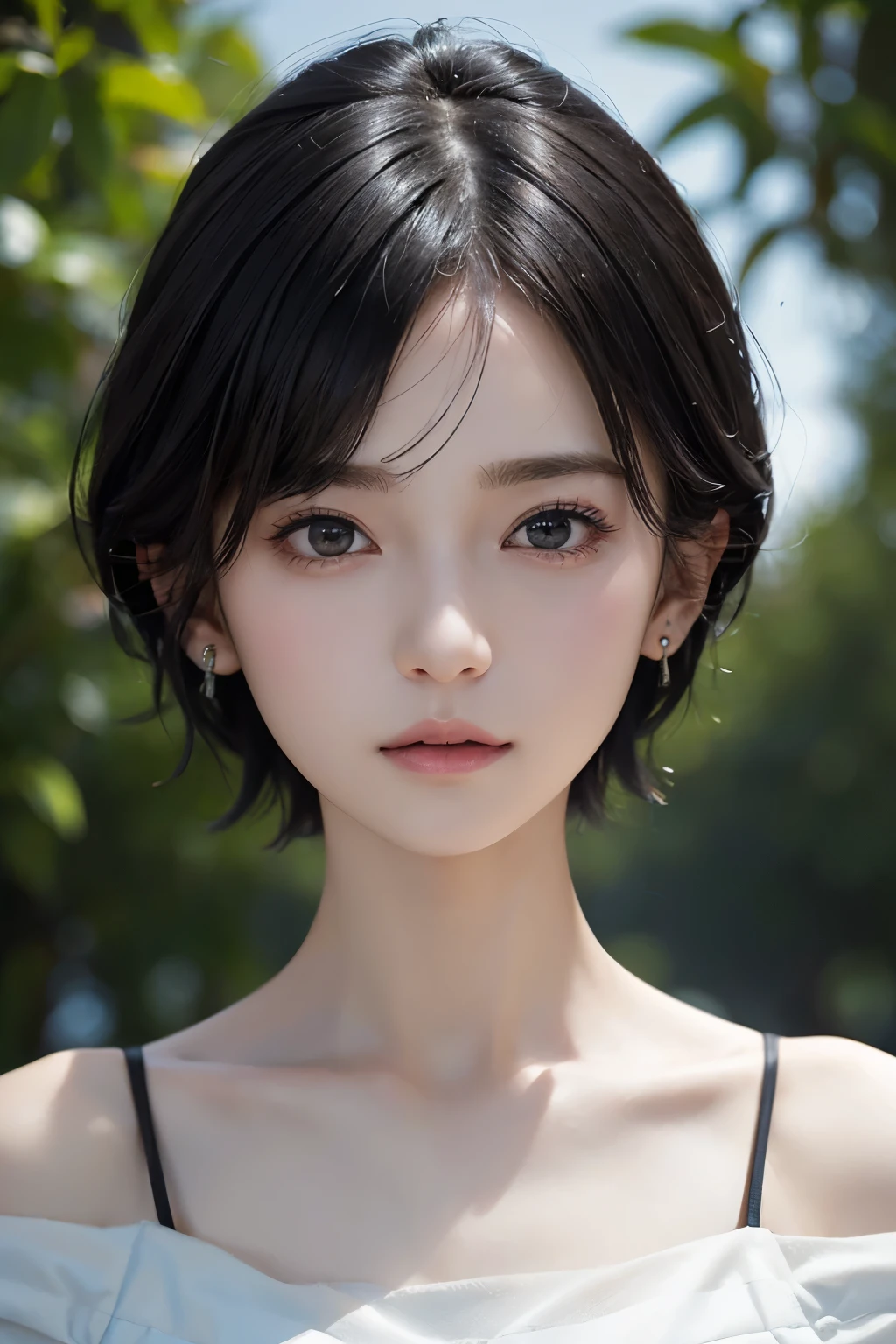 (((Black Short Hair))), (grassland), Seductive pose, 背景がgrassland、Image from chest up:1.6)、Close-up portrait of a woman wearing a white off-the-shoulder top dress and earrings, Soft portrait shot 8k, Nice delicate face, High-quality 4K portraits, High-quality portraits, Soft, perfect, pale skin, 8K Highly Detailed Face, なbeautiful繊細な顔, beautiful光の大きな目, Beautiful and realistic face, beautiful14Old woman, Beautiful and realistic face, cute14Old woman