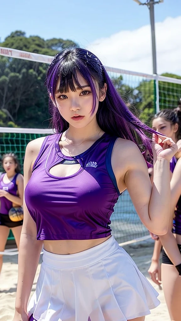volleyball、Sheer tank top、Transparent nipples、Big Tits、Sheer skirt、Cheerleader、volleyball、Ocean、Purple Hair