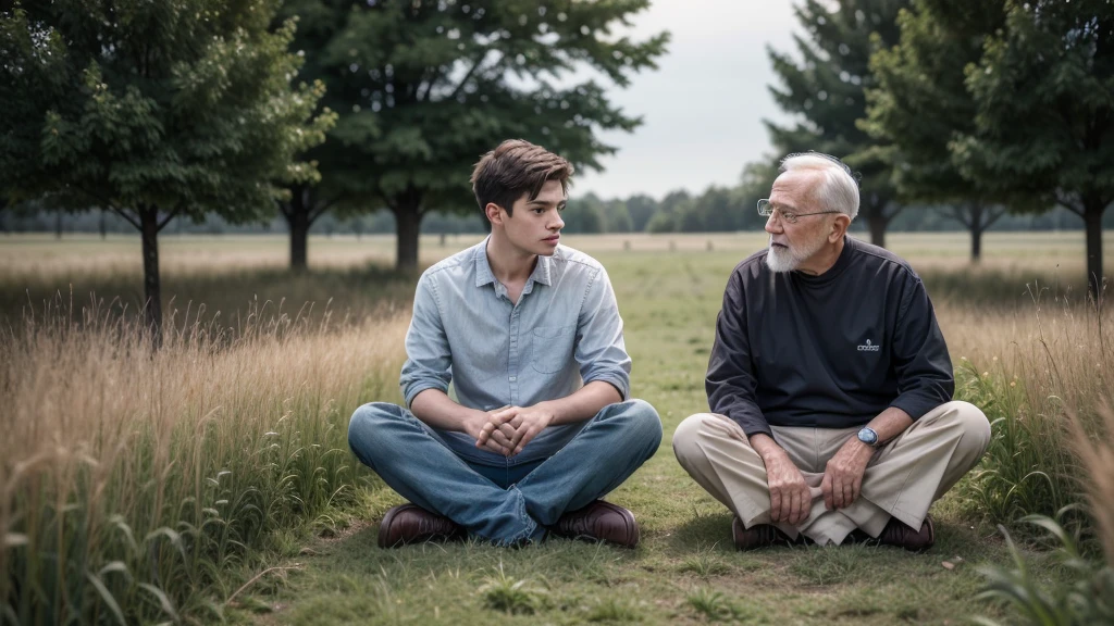 a sad young man sitting in the field together with a wise old man standing