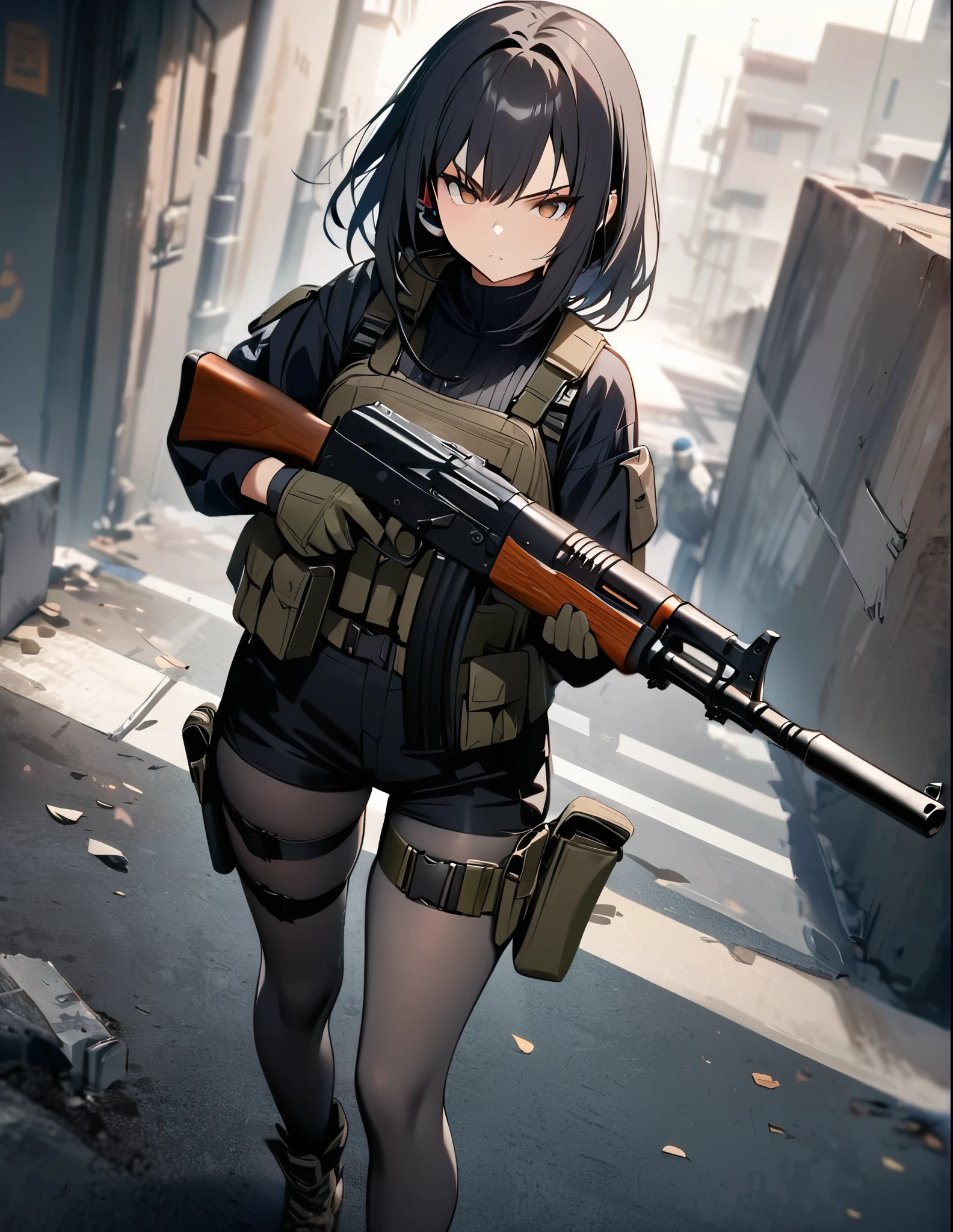 (masterpiece, best quality, high quality, highres, ultra-detailed), 1girl, muslim, brown eyes, full body, gloves, black hair, serious, stoic, headset, holster, kochiy sanae, solo, suppressor, thigh holster, thigh strap, trigger discipline, weapon, medium hair, matching grey pantyhose, black shorts, tights. (using an AK-47).