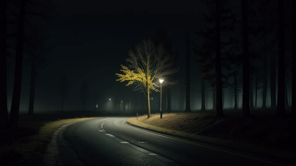 "Create an image of a night landscape with a spooky road lit by faintly yellow streetlights, with twisted trees and a strange fog gathering around. Convey a sense of mystery and suspense, with shifting shadows"
