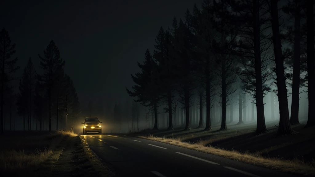 "Create an image of a night landscape with a spooky road lit by faintly yellow streetlights, with twisted trees and a strange fog gathering around. Convey a sense of mystery and suspense, with shifting shadows"