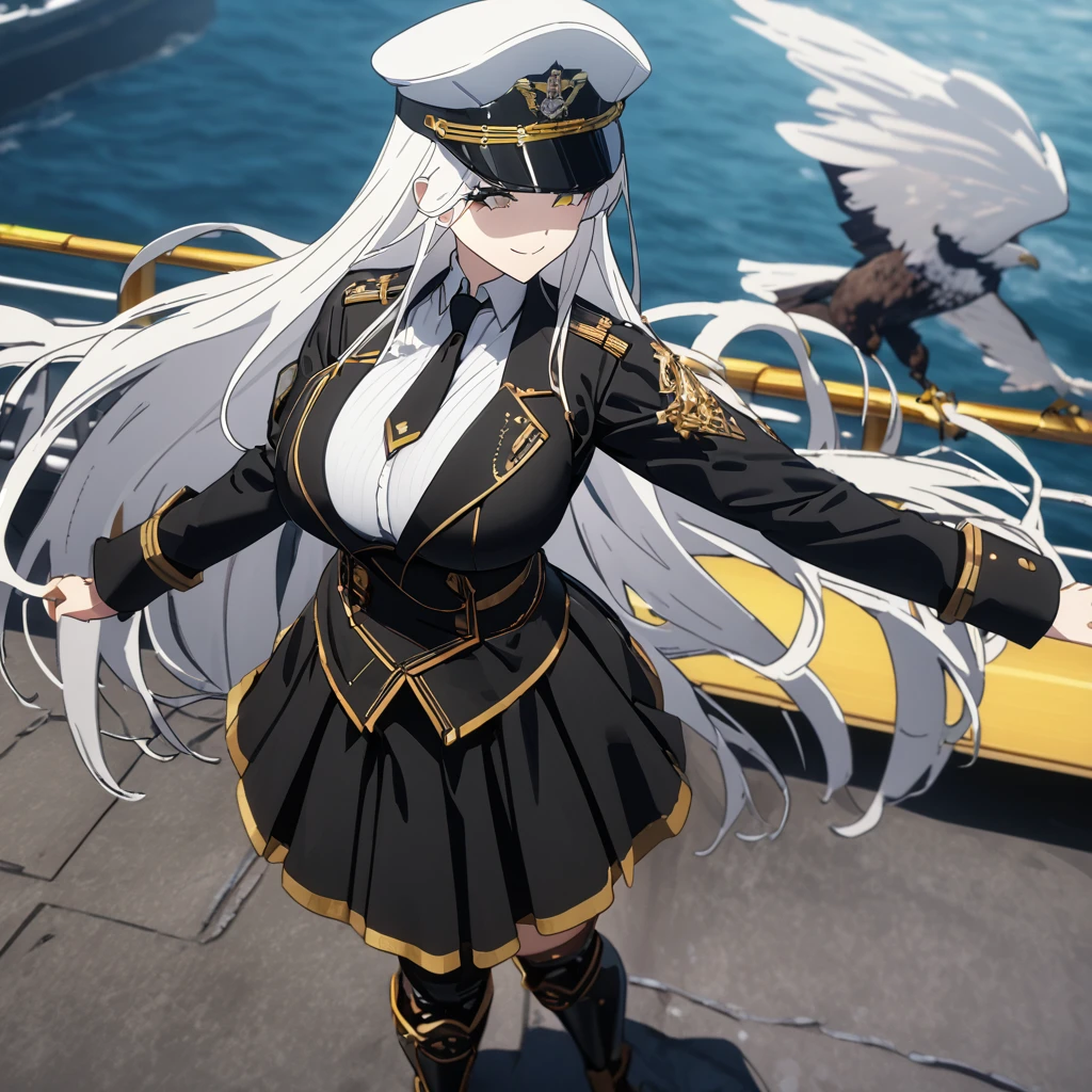 A woman wearing a long-sleeved black jacket with gold details, open jacket, white women's t-shirt, black skirt with gold details, black metal boots, wearing a white military hat with black, white and gold details, standing, with an eagle hanging from his raised arm, big breasts, limp eyes, white hair, long hair, smiling, perfect face, on a concrete platform in a naval port overlooking the sea,.UHD , prime work , accurate , anatomically correct , textured skin , super details , high quality , best quality, 8k, high resolution, bokeh effect. (woman solo)
