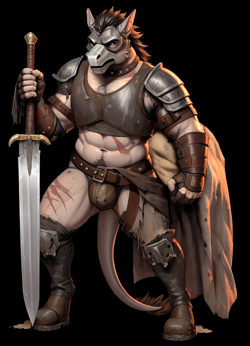 Solo Sexy young anthro scalie dragon male mercenary medieval solider, slim slim muscular, anthro handsome gay shorter muzzle, handsome gay model male apperance, sword scars, leather face bandit war mask with eye holes, worn out leather skimpy armament, low on hips heavy leather belt, old very worn out skimpy dirty linen material jockstrap, old yellow dirty worn out stains on white sawn jockstrap, very visible "x" brown seam pattern on the jockstrap, studded skimpy armlets breastplate armor, skimpy breastplate, leather bondages, fingerless leather gloves, smelly unwashed husk, dirty body look, desert battlefield, standing in sexy fighting position, close view of full character