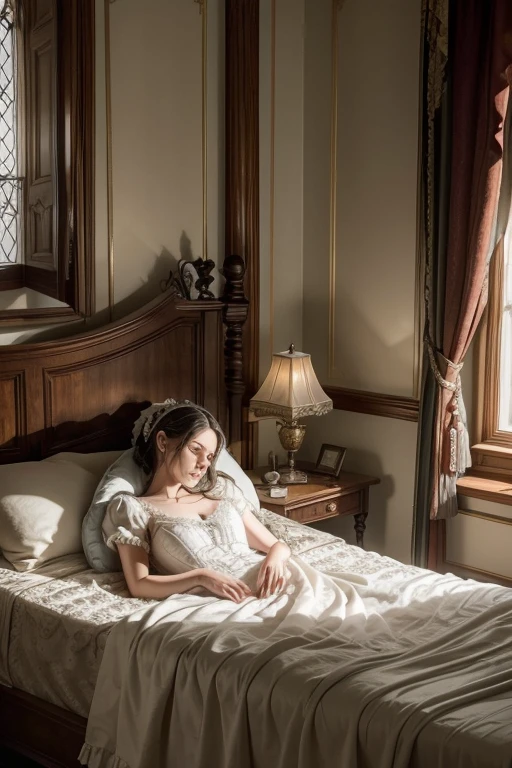 A Victorian patient expressing relief:
Show a Victorian woman in elegant attire, lying comfortably on a bed after a treatment. Your expression should show relief and satisfaction. Next to the bed, place a small table with a mechanical vibrator and a glass of water. Sunlight gently streams in through the window, illuminating the scene.
in the form of a médieval design