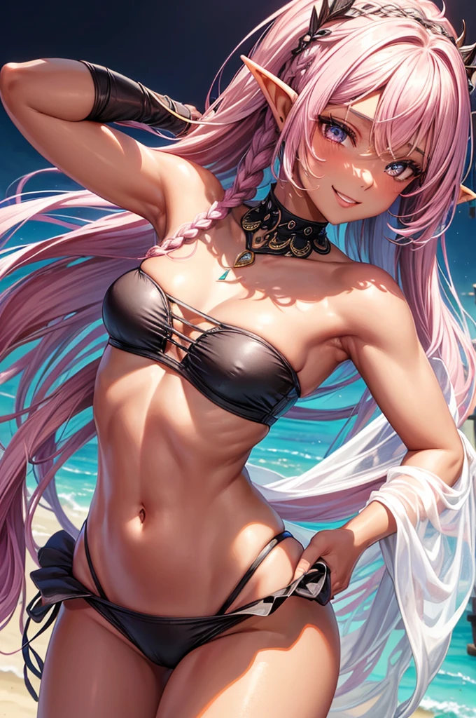 (pov Swimwear style) (beautiful body), (black skin, solo:2, 1000 yo, Braid pink hair long hair cool elf woman, cool gray eyes, ecstasy smile, love mode, small tits), (in a sexy:1.5 detailed bandeau swimsuit, Ruby double exposure:1.1), break, in the Swimsuit contest venue, background detailed beautiful Coast, BREAK, perfect anatomy, masterpiece, best quality, 16k, beautiful detailed love, sexy, daydreaming expression.